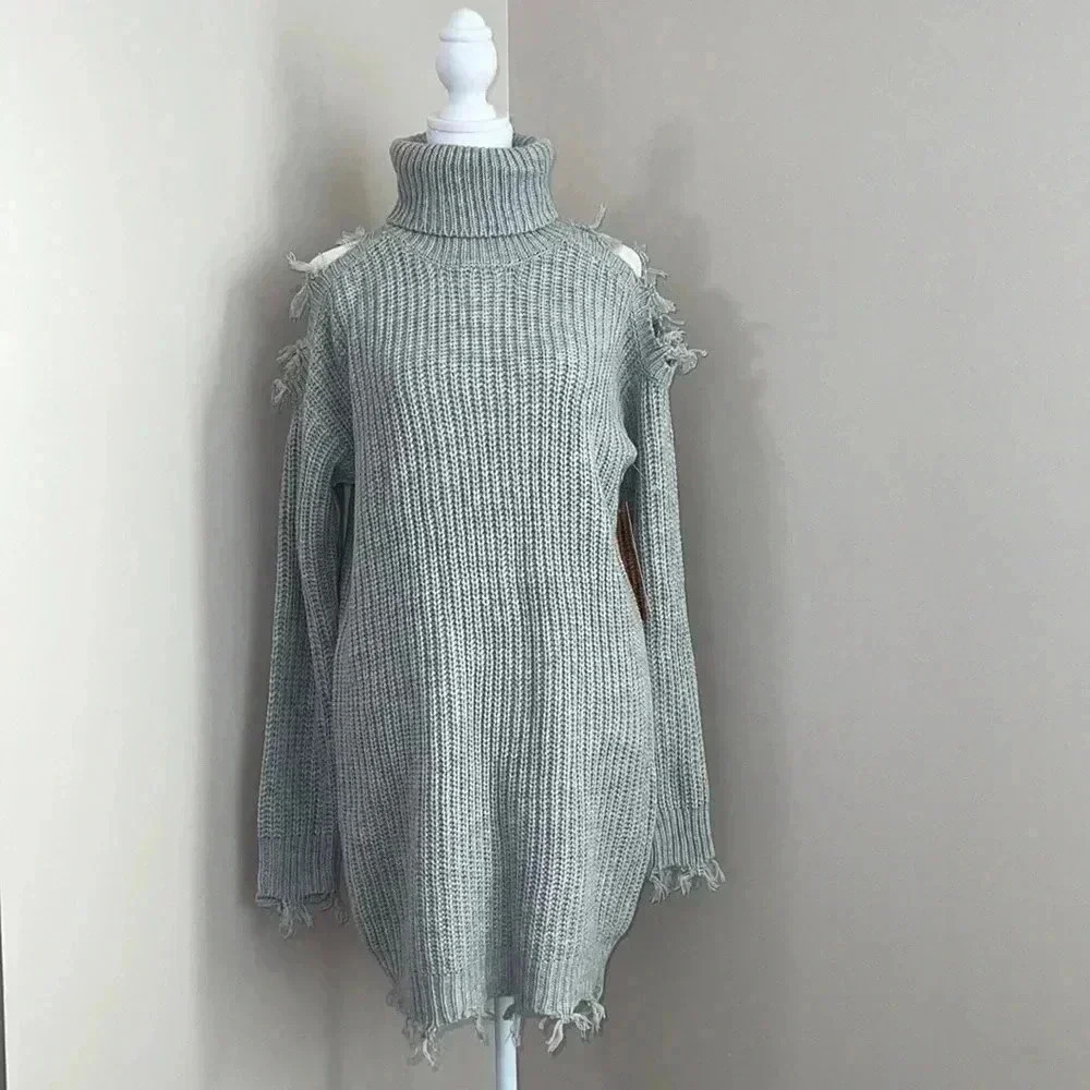 Almost Famous Gray Cutout Turtleneck Sweater Dress​​